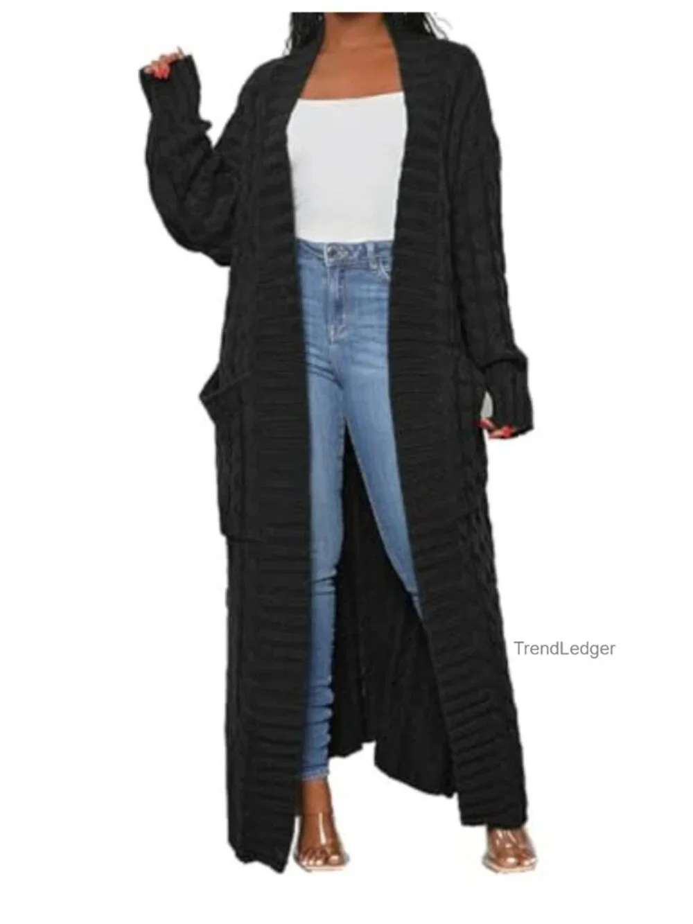 Open Front Chunky Cable Knit Cardigan with Pockets Long Sweater Coat